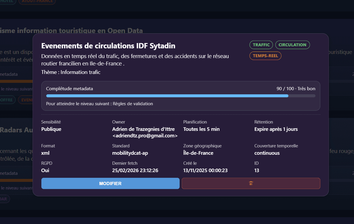 Dashboard complétude & Metadata